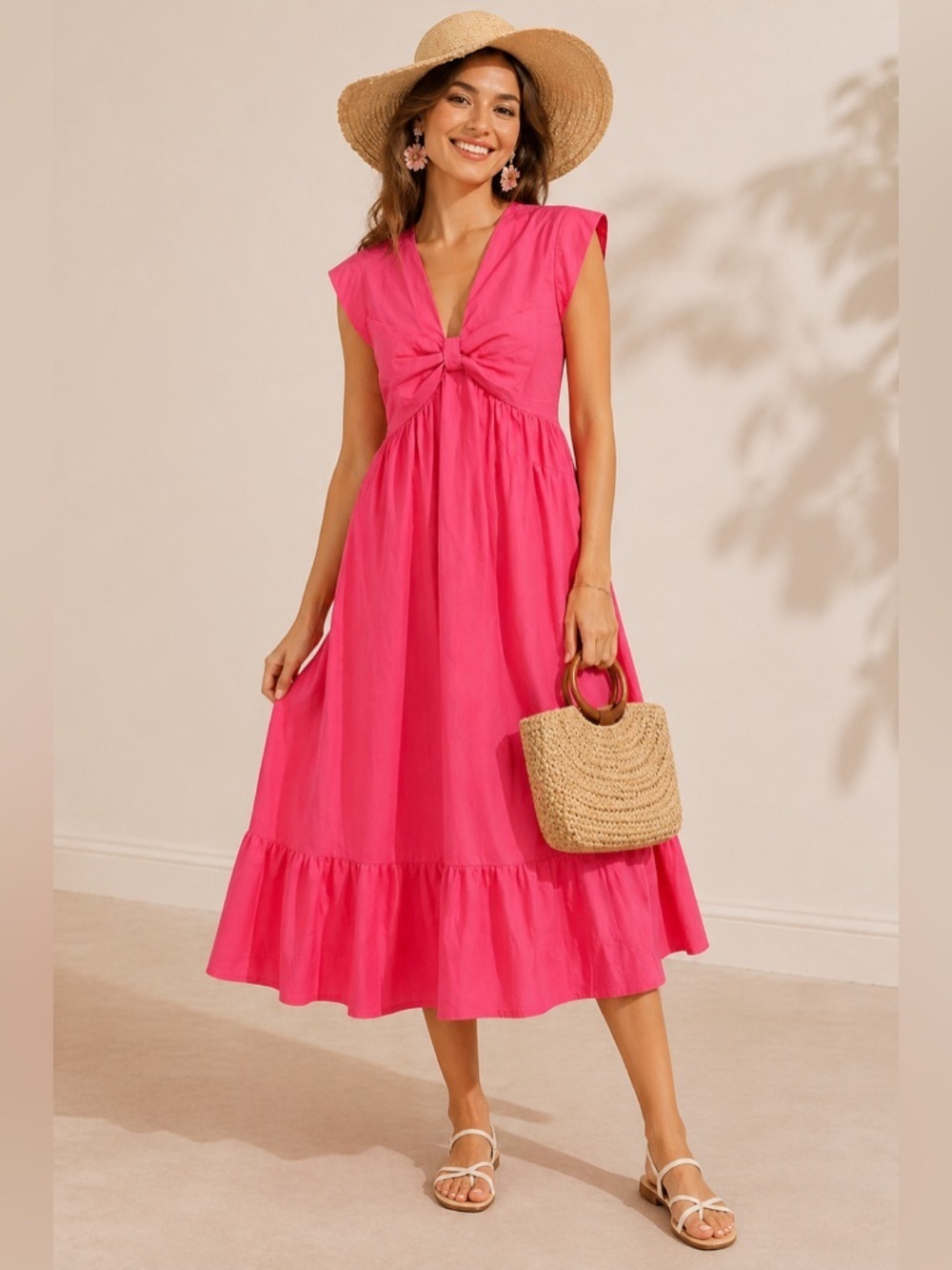 Scoop Pink Bow Front Midi Dress Size S Cap Sleeve Cotton Fit & Flare